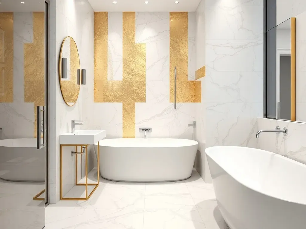 łazienka z białymi i złotymi płytkami