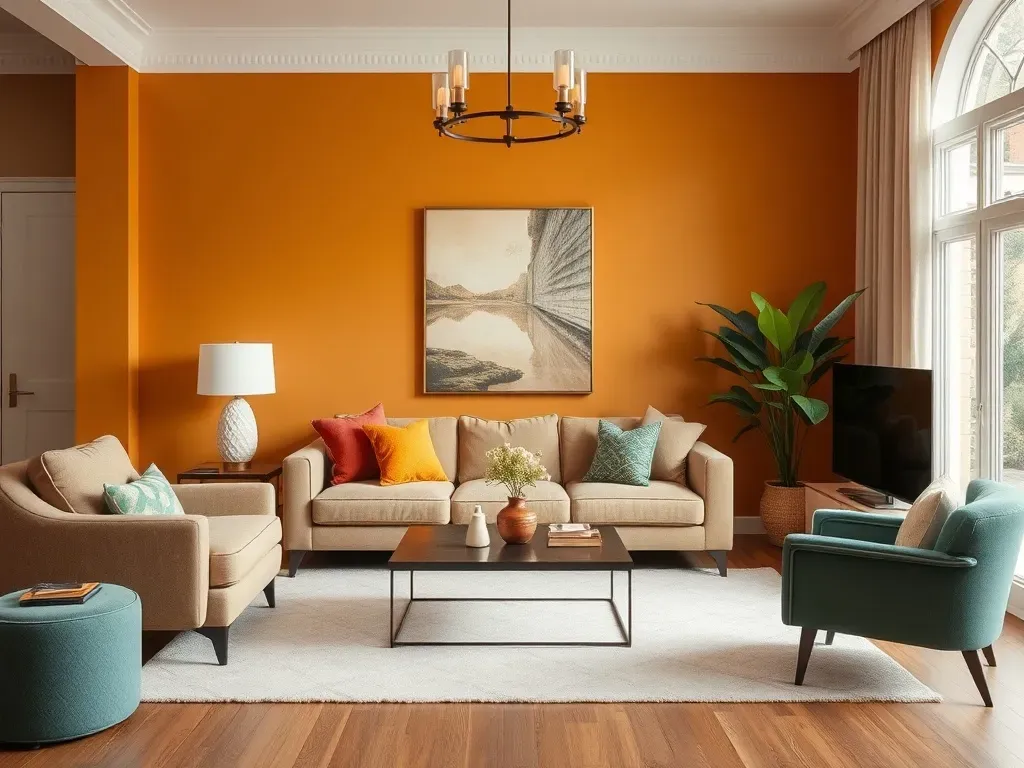Salon i ciepłe kolory na ścianie