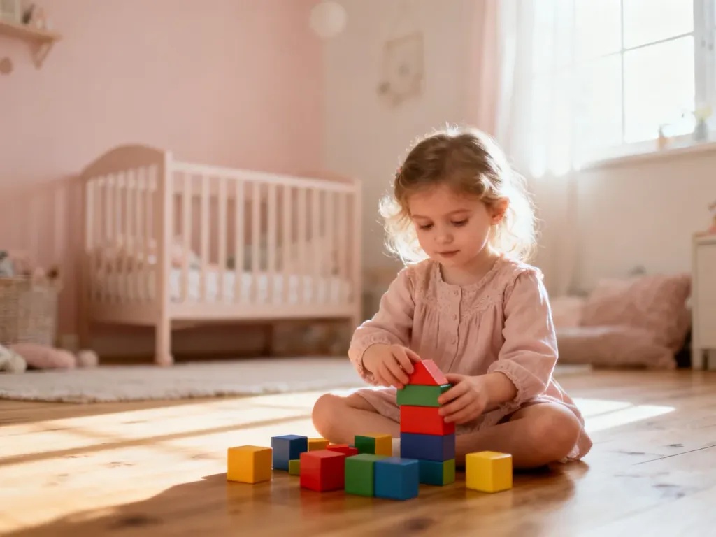 Dziewczynka bawiąca się klockami w przytulnym pokoju z pastelowymi ścianami, idealnie pasującymi do dziecięcej aranżacji.