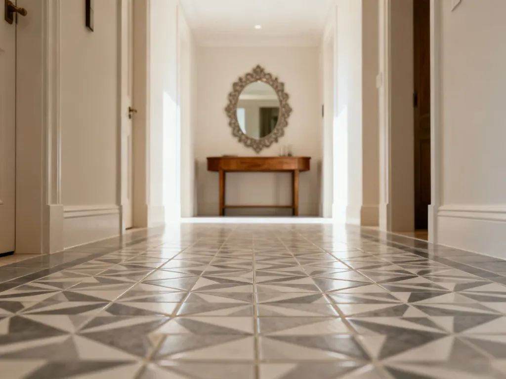 Nowoczesny przedpokój z geometrycznymi płytkami ceramicznymi na podłodze, drewnianą konsolą i lustrem w jasnych barwach.