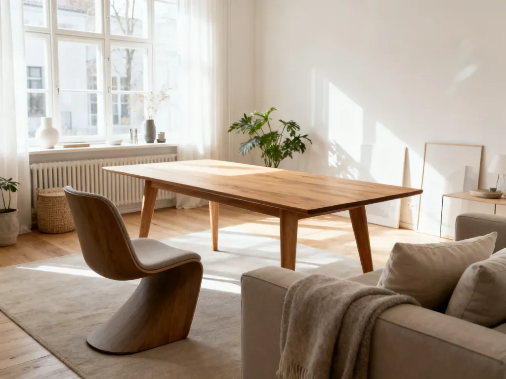 Jasny, minimalistyczny salon ze stołem jadalnianym, wygodną sofą i roślinami, utrzymany w stylu skandynawskim.