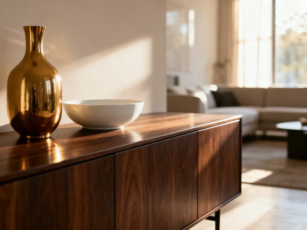 Minimalistyczna komoda w kolorze wenge z eleganckimi złotymi i białymi dodatkami w jasnym, nowoczesnym salonie.