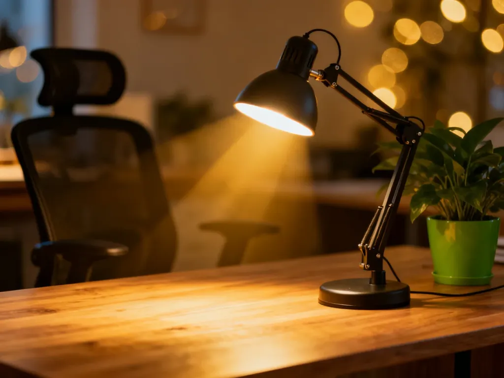 Nowoczesna lampa biurkowa LED o ciepłym świetle na drewnianym blacie w przytulnym domowym biurze.