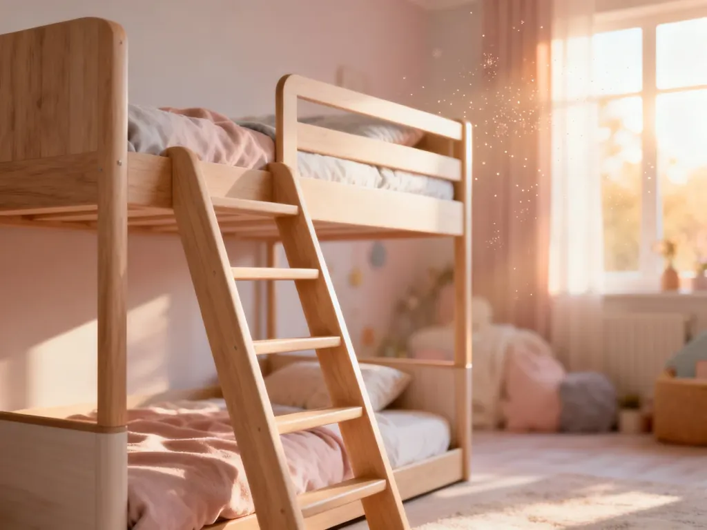Nowoczesne drewniane łóżko piętrowe w minimalistycznym pokoju dziecięcym z przytulnym oświetleniem.