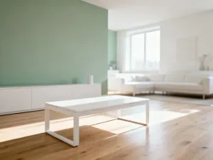 Minimalistyczna drewniana szafka w jasnym biurze domowym z uporządkowanymi półkami i słonecznym oświetleniem.