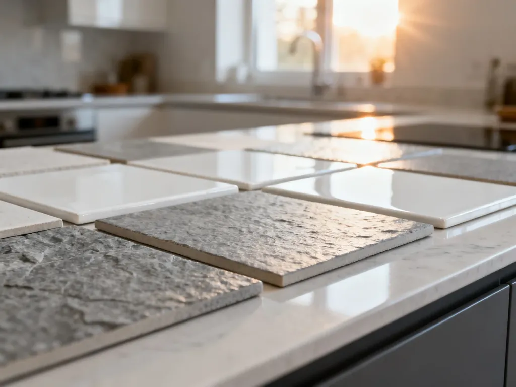 Próbki płytek ceramicznych i gresu o różnych fakturach i kolorach zestawione na blacie kuchennym.
