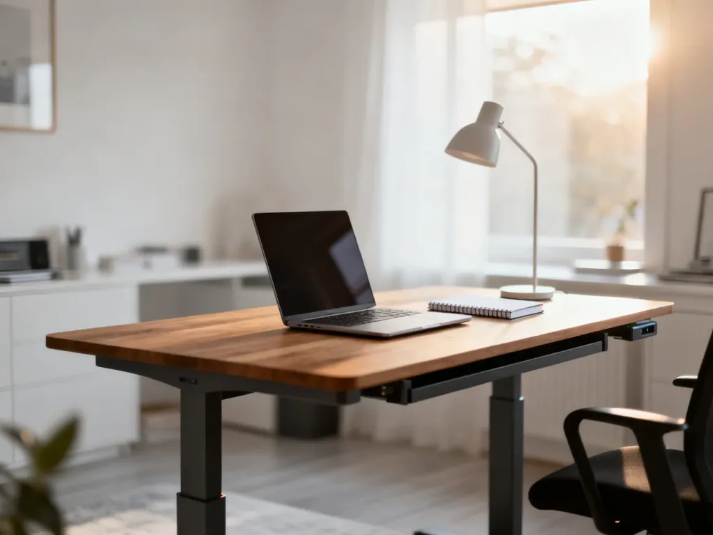 Nowoczesne biurko z regulacją wysokości w jasnym domowym biurze, sprzyjające ergonomicznej pracy.