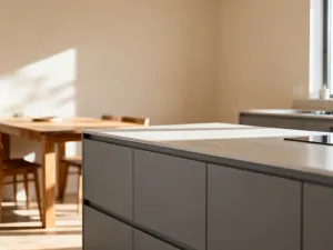 Eklektyczny salon z kuchnią: szmaragdowa sofa i drewniany stolik zestawione z nowoczesną granatową zabudową kuchenną.