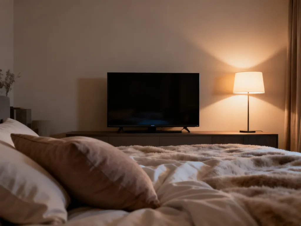 Telewizor zamontowany na ścianie w sypialni na wysokości wzroku osoby leżącej w łóżku, zapewniający komfortowy relaks.