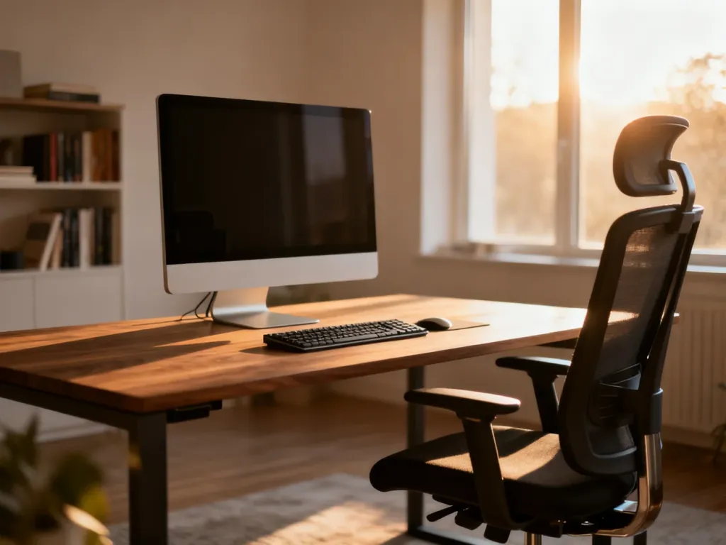 Nowoczesne, ergonomiczne stanowisko pracy z drewnianym biurkiem i wygodnym fotelem w słonecznym domowym biurze.