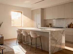 Przytulny mały salon z jasną sofą, płynnie połączony z nasłonecznionym balkonem pełnym roślin.