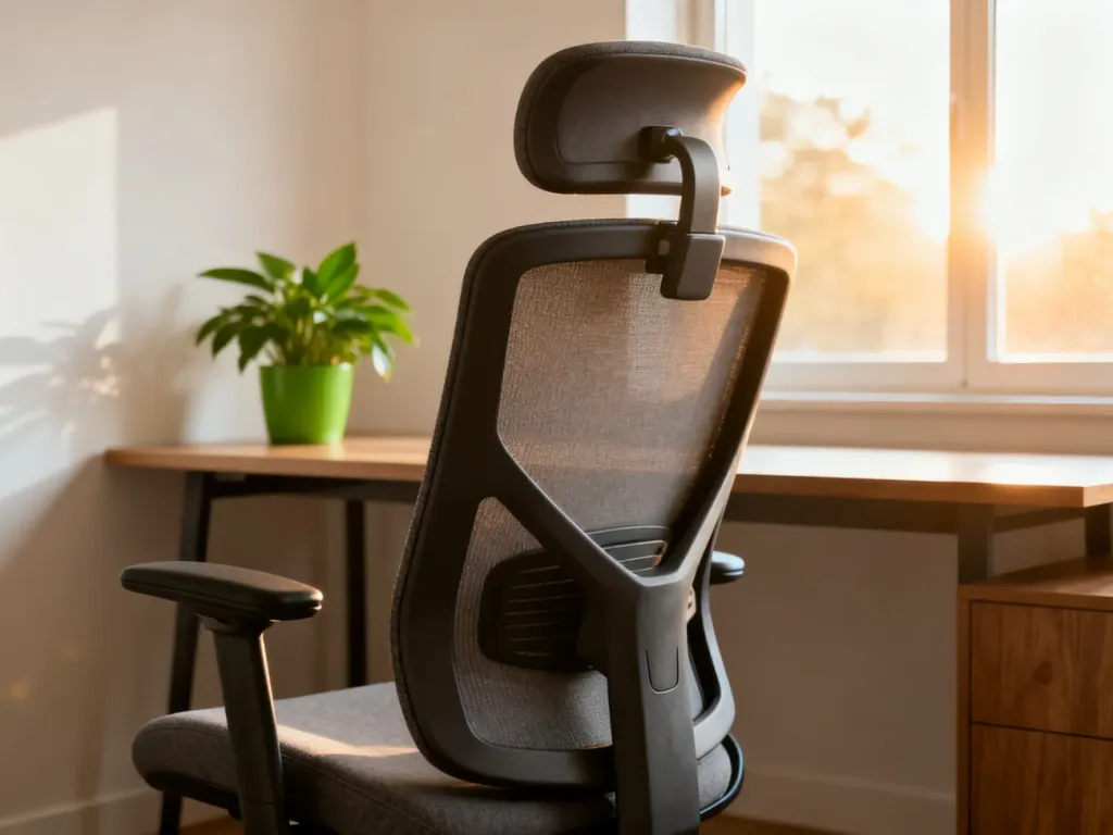 Ergonomiczne krzesło biurowe z widocznym wsparciem lędźwiowym i regulowanym zagłówkiem w nowoczesnym domowym biurze.