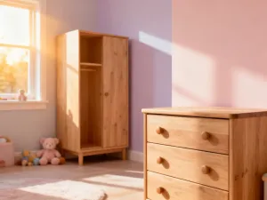 Przytulny pokój dziecięcy w pastelowych odcieniach różu z kwiatową tapetą i delikatnym oświetleniem.