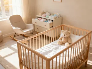 Nowoczesna sypialnia z wygodnym łóżkiem o ergonomicznym poziomie wysokości, oświetlona ciepłym porannym światłem.