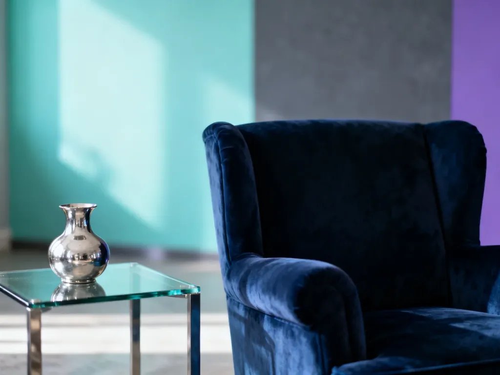 Minimalistyczny salon w chłodnej palecie barw z granatowym fotelem, miętową ścianą i srebrnym wazonem.