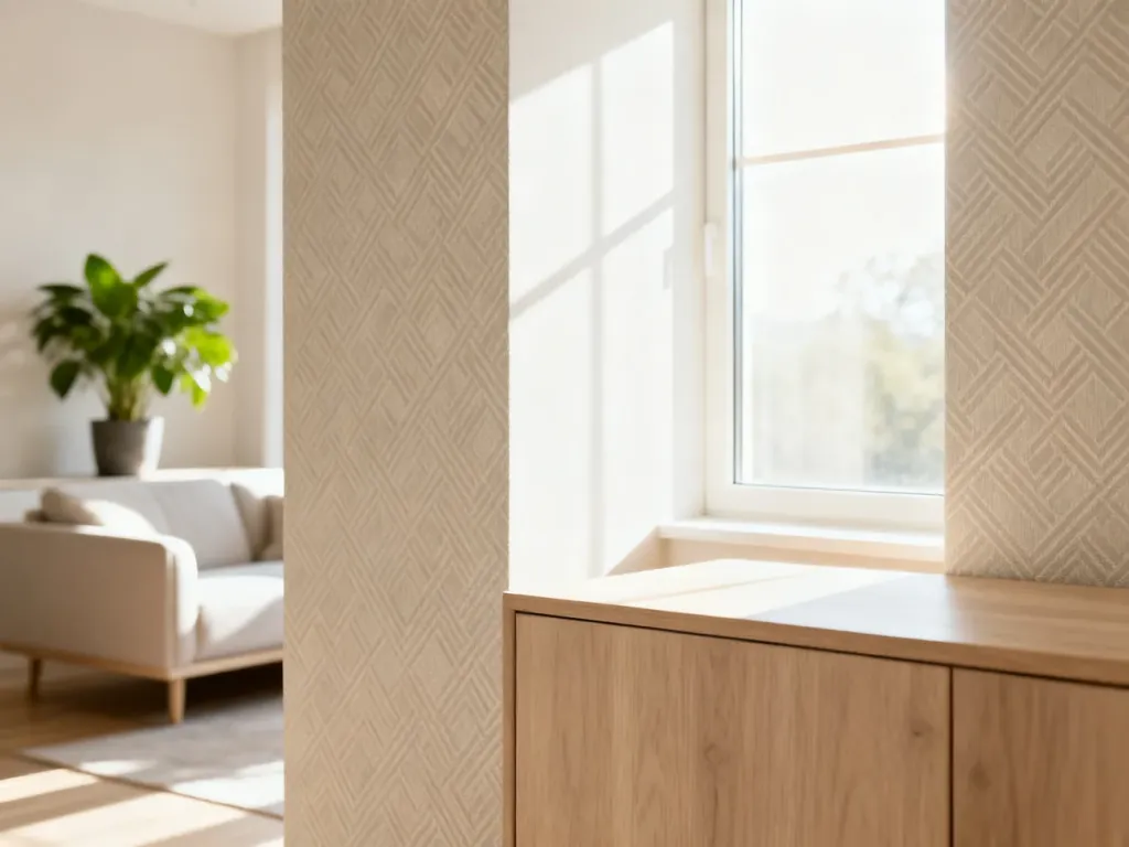 Jasny salon z meblami z jasnego drewna i tapetą o subtelnym geometrycznym wzorze, tworzący przytulną, nowoczesną przestrzeń.