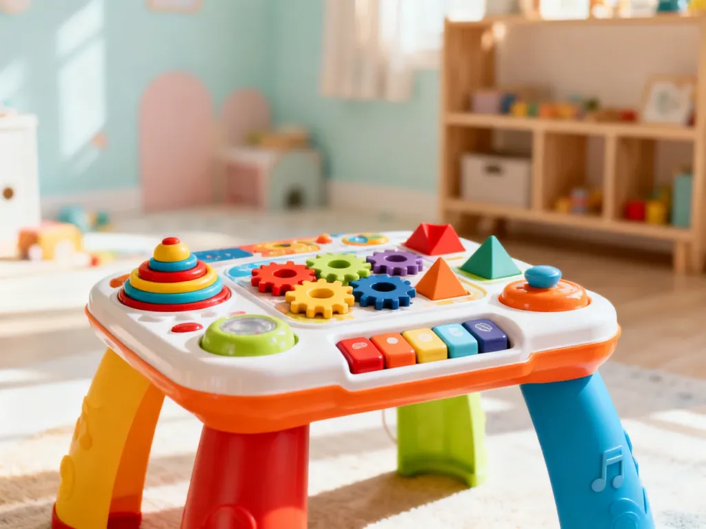 Kolorowy stolik edukacyjny z interaktywnymi zabawkami w przytulnym pokoju dziecięcym, wspierający rozwój malucha.