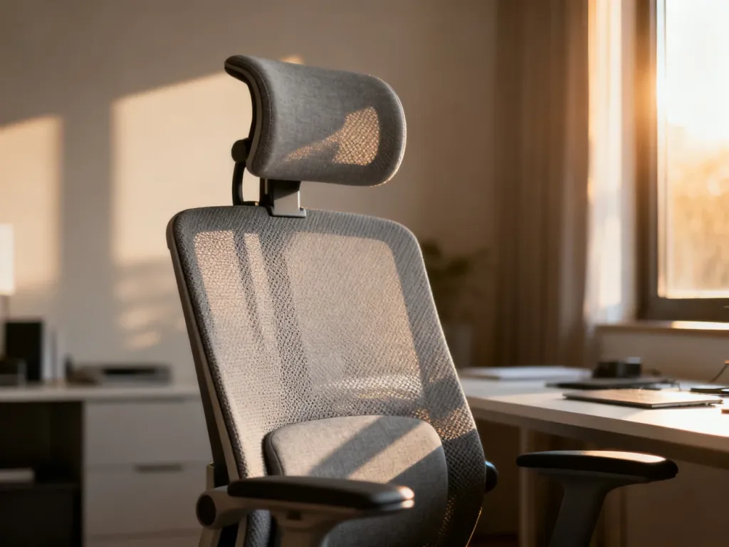 Ergonomiczne krzesło biurowe z regulowanym zagłówkiem i wsparciem lędźwiowym w nowoczesnym domowym biurze.