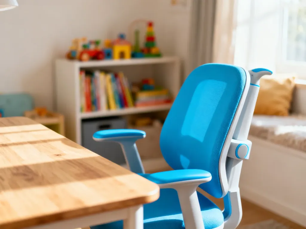 Nowoczesne, ergonomiczne krzesło biurowe dla dziecka w jasnym, przytulnym pokoju do nauki.