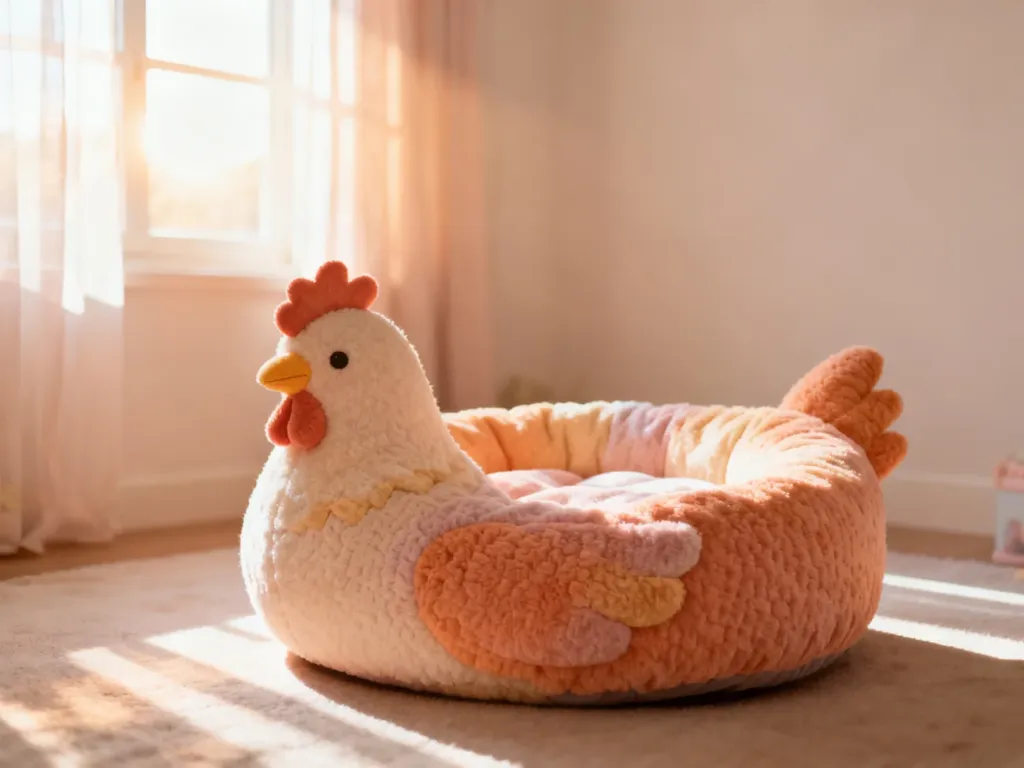 Przytulny pokój dziecięcy z łóżkiem w kształcie kury w pastelowych kolorach, utrzymany w minimalistycznym stylu.