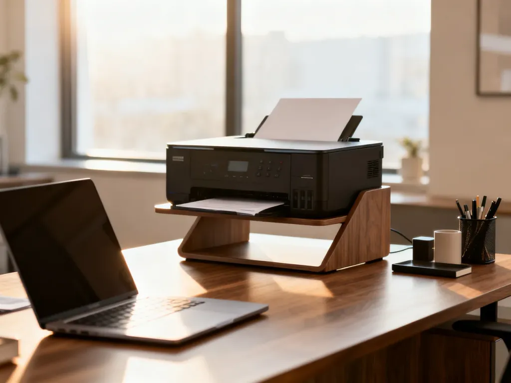 Nowoczesne biuro domowe z drukarką na dedykowanym stojaku obok biurka, zapewniającą łatwy dostęp i ergonomiczną przestrzeń pracy.