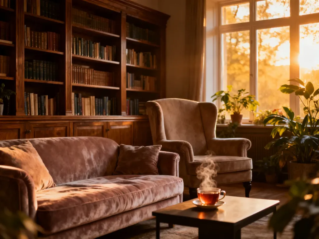 Przytulny salon bez telewizora z dużym regałem na książki, wygodnym fotelem i sofą, zachęcający do relaksu przy herbacie.