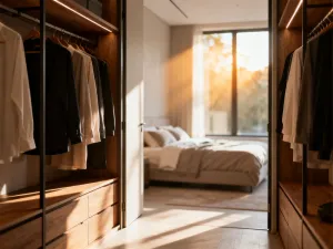 Przytulny mały salon z beżową sofą, drewnianym stolikiem i jasnymi ścianami, utrzymany w minimalistycznym stylu.