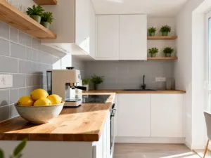 Dłoń malarza nakładająca szałwiową farbę na drewnianą szafkę kuchenną, ukazująca proces odnawiania mebli.