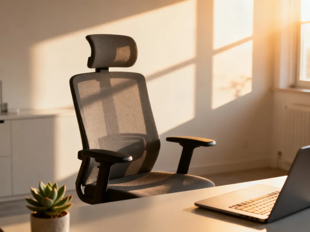 Nowoczesne, ergonomiczne krzesło biurowe przy minimalistycznym biurku z laptopem w jasnym, słonecznym domowym gabinecie.
