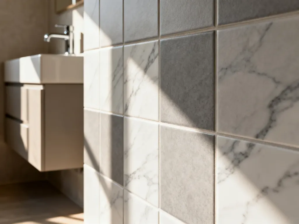 Szare płytki ceramiczne o matowym wykończeniu i wzorze marmuru w nowoczesnej łazience.