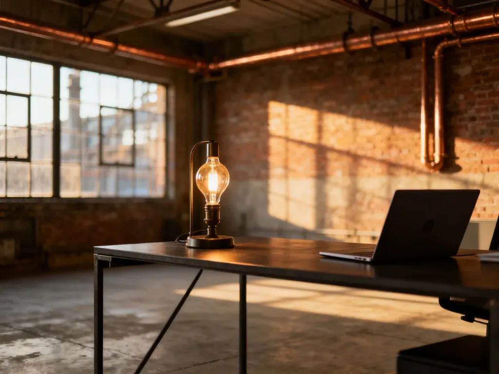 Minimalistyczne biurko z lampą typu Edison w industrialnym wnętrzu z ceglaną ścianą i wysokimi oknami.