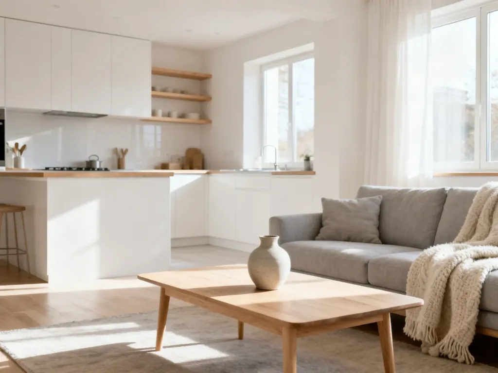 Jasny salon z kuchnią w stylu skandynawskim, utrzymany w ciepłej kolorystyce bieli, beżu i jasnego drewna.